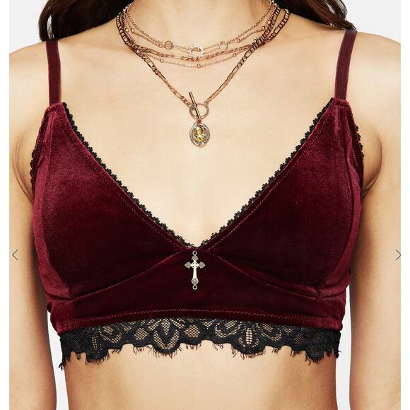 Disturbia Fallen Velour Cross Charm Bralette Womens Size 6 New Oxblood Red - Picture 4 of 10